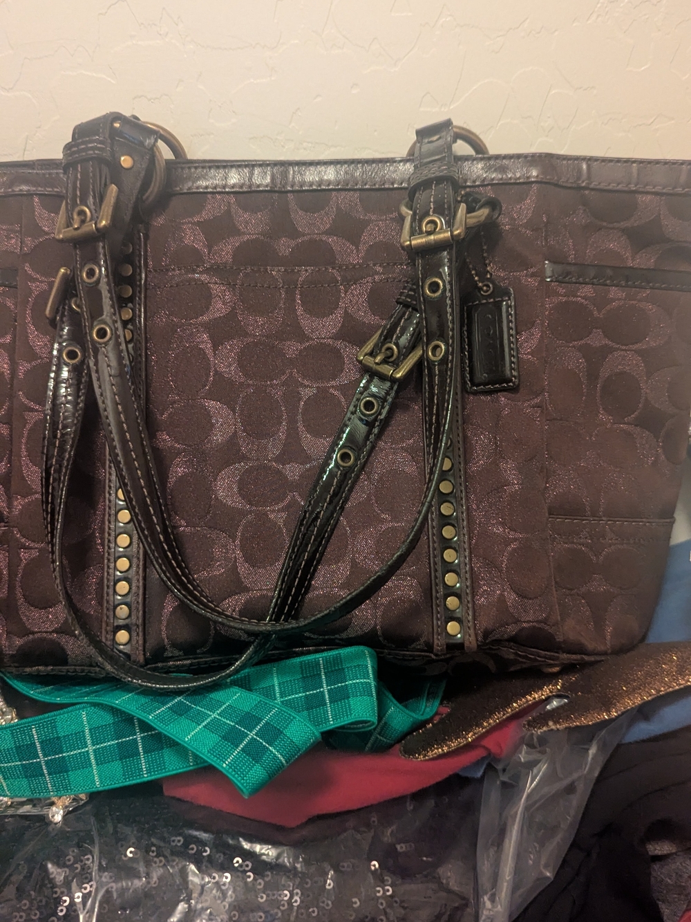 Coach Dark Brown Signature Tote with Studded Dark Leather Trim